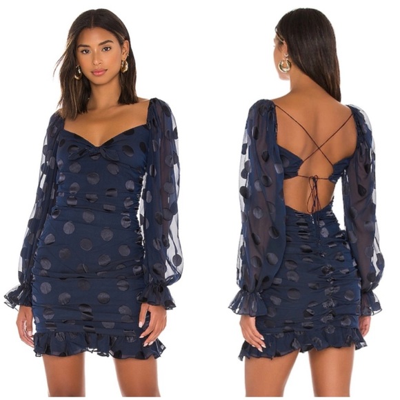 For Love and Lemons Navy Blue Polka Dot Chiffon Ruched Lula Mini Dress - Picture 15 of 16